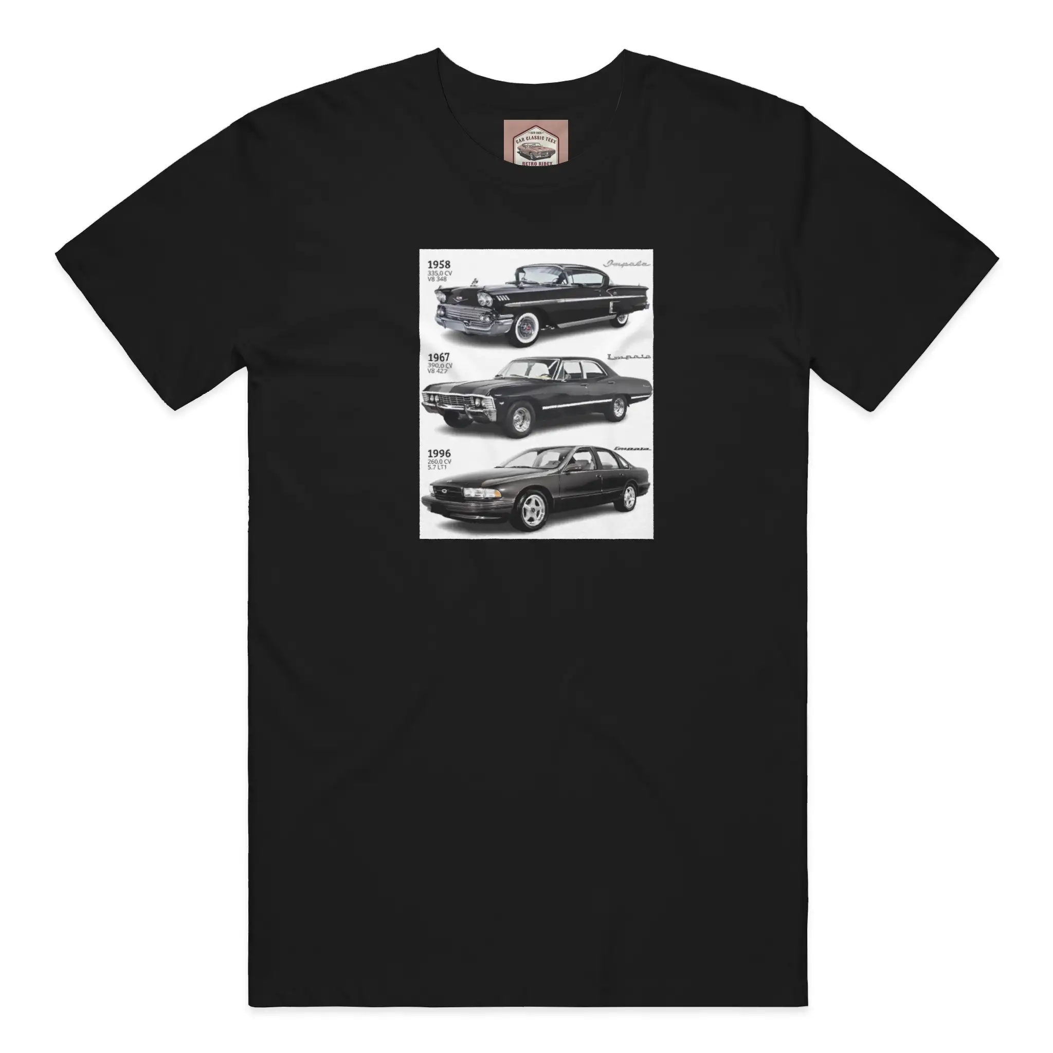 1958, 1967 and 1996 Chevy Impala SS Black Tee 