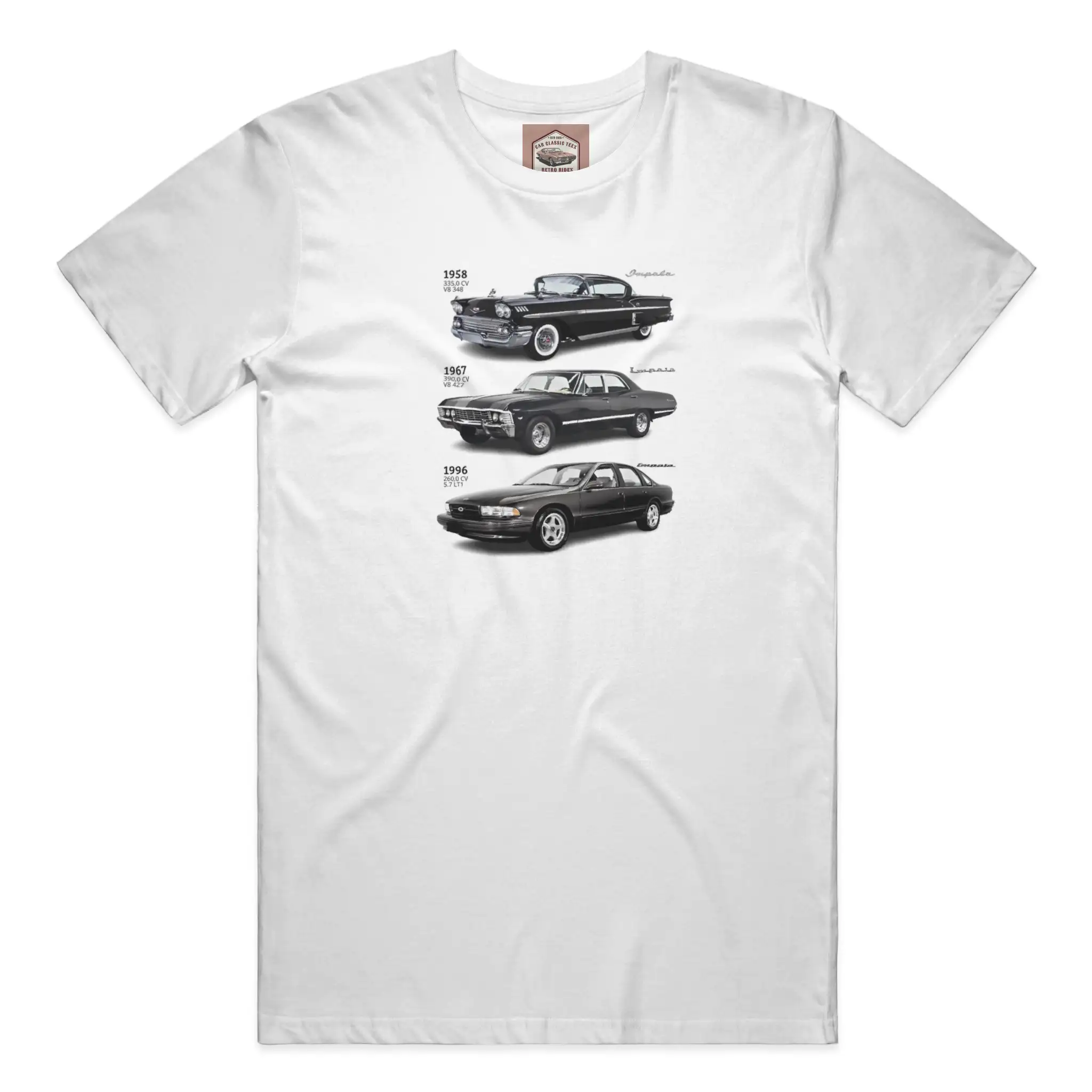 1958, 1967 and 1996 Chevy Impala&amp;#39;s White Tee 