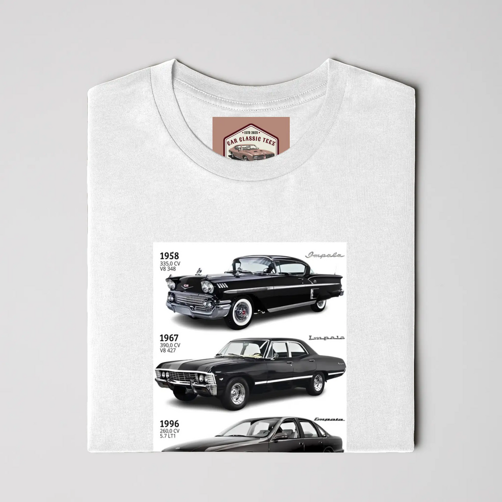 1958, 1967 and 1996 Chevy Impala&amp;#39;s White Tee 