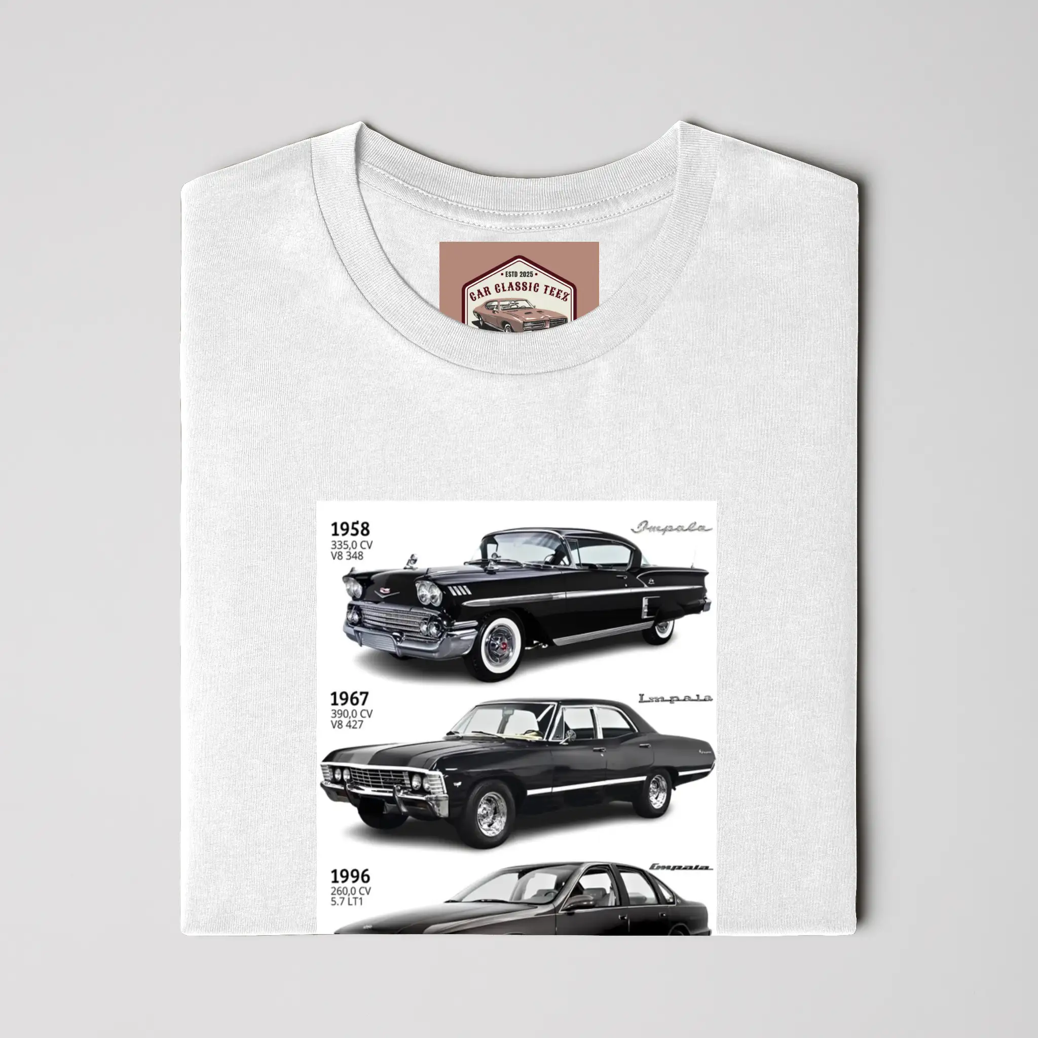 1958, 1967 and 1996 Chevy Impala&amp;#39;s White Tee 