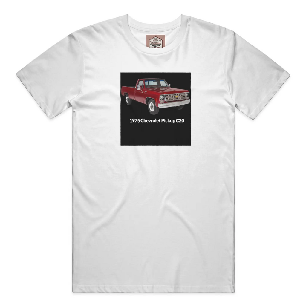 1975 C20 Truck White Tee, Black Background 