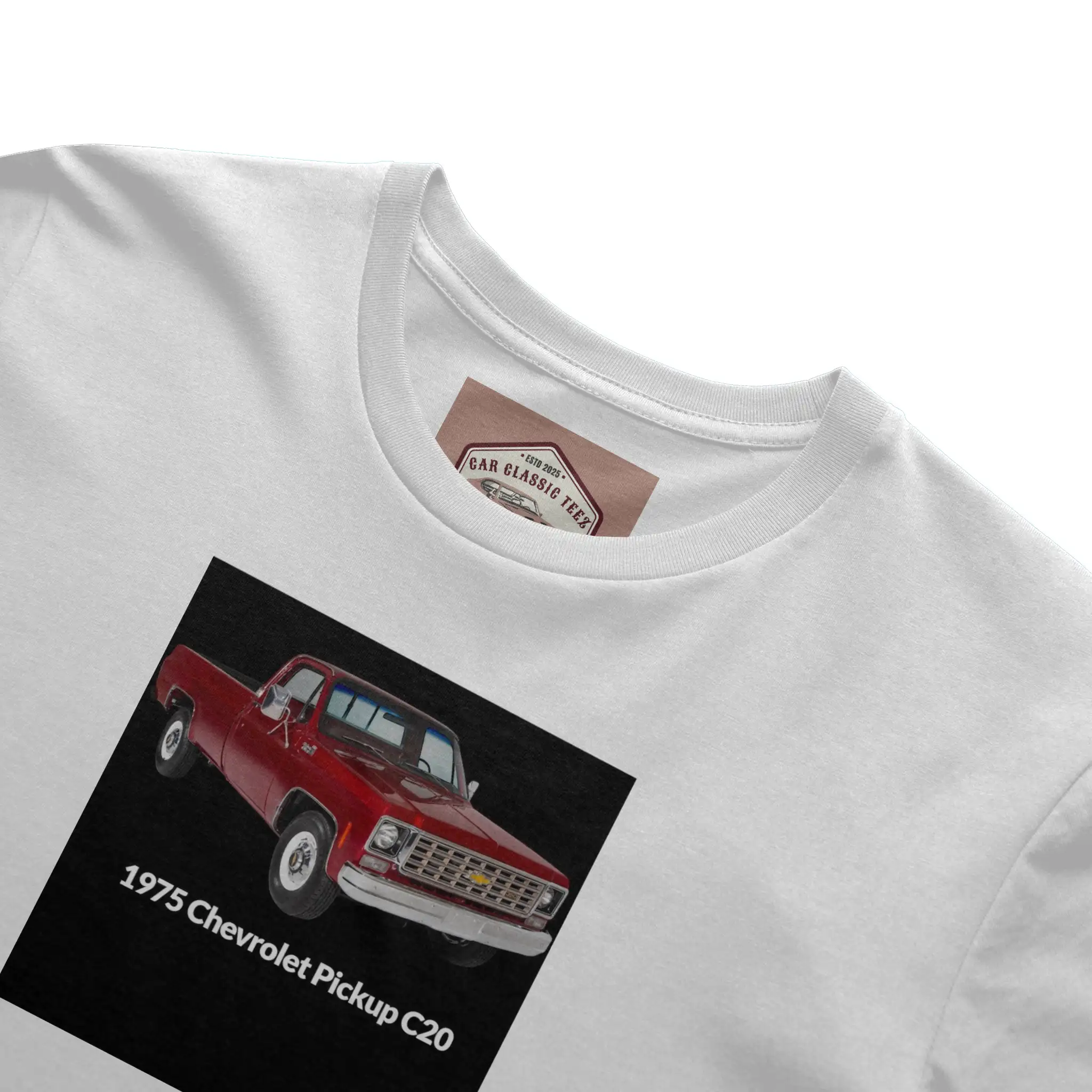 1975 C20 Truck White Tee, Black Background 