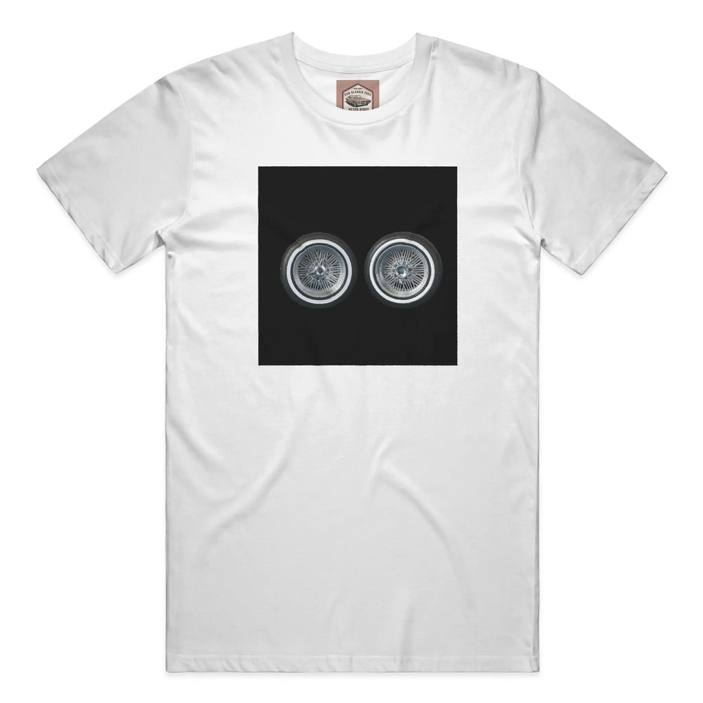 Chrome Lowrider Wire Spoke 14 Inch Tires, White Tee, Black Background