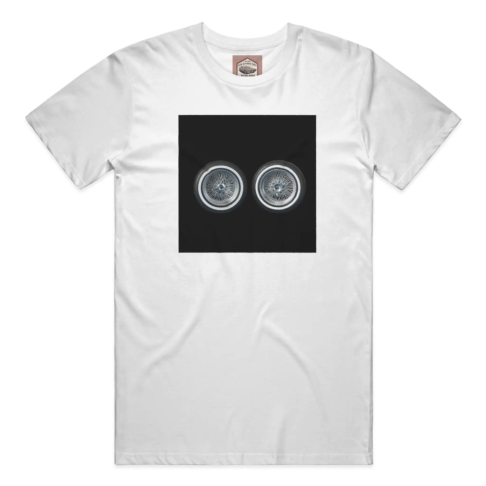 Chrome Lowrider Wire Spoke 14 Inch Tires, White Tee, Black Background