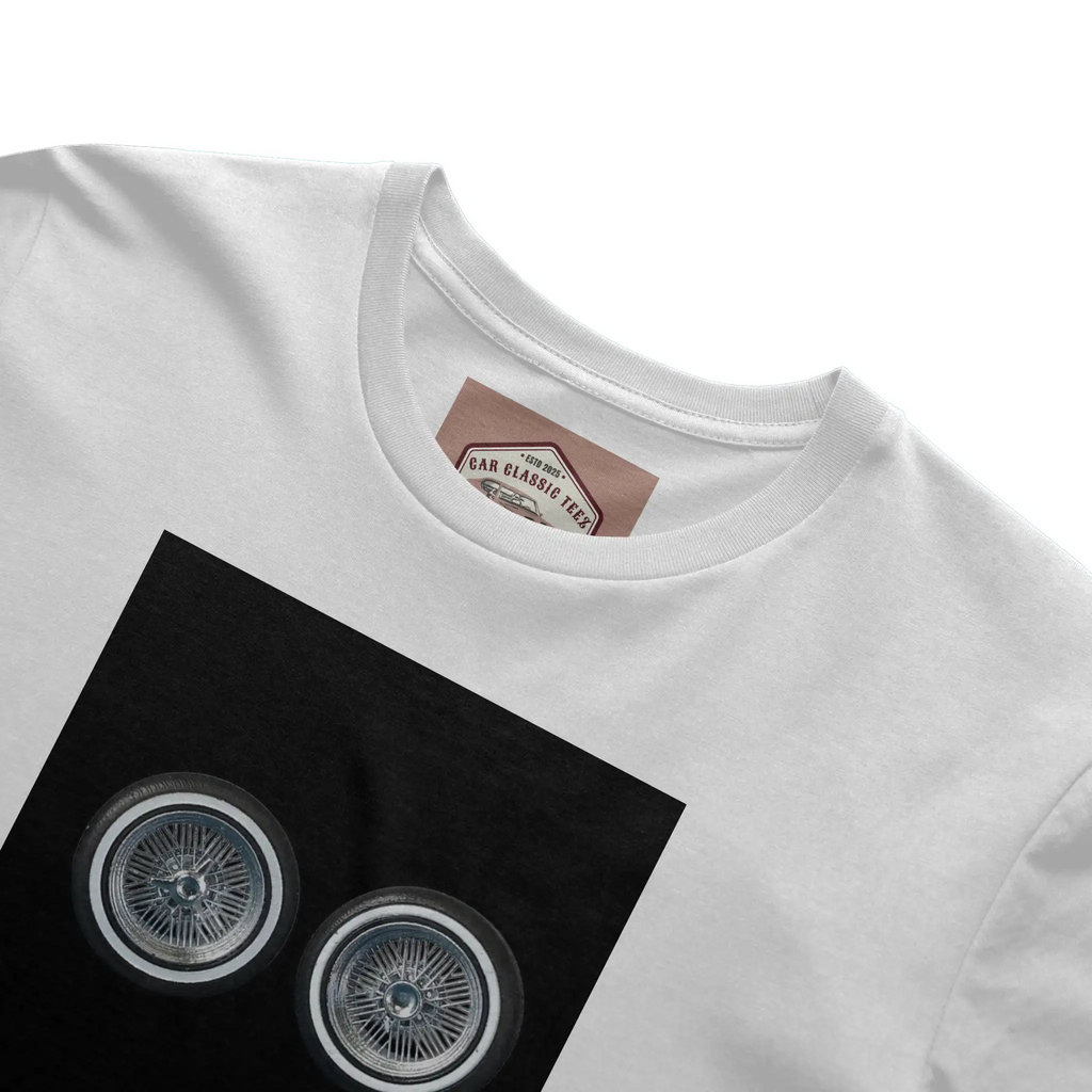 Chrome Lowrider Wire Spoke 14 Inch Tires, White Tee, Black Background