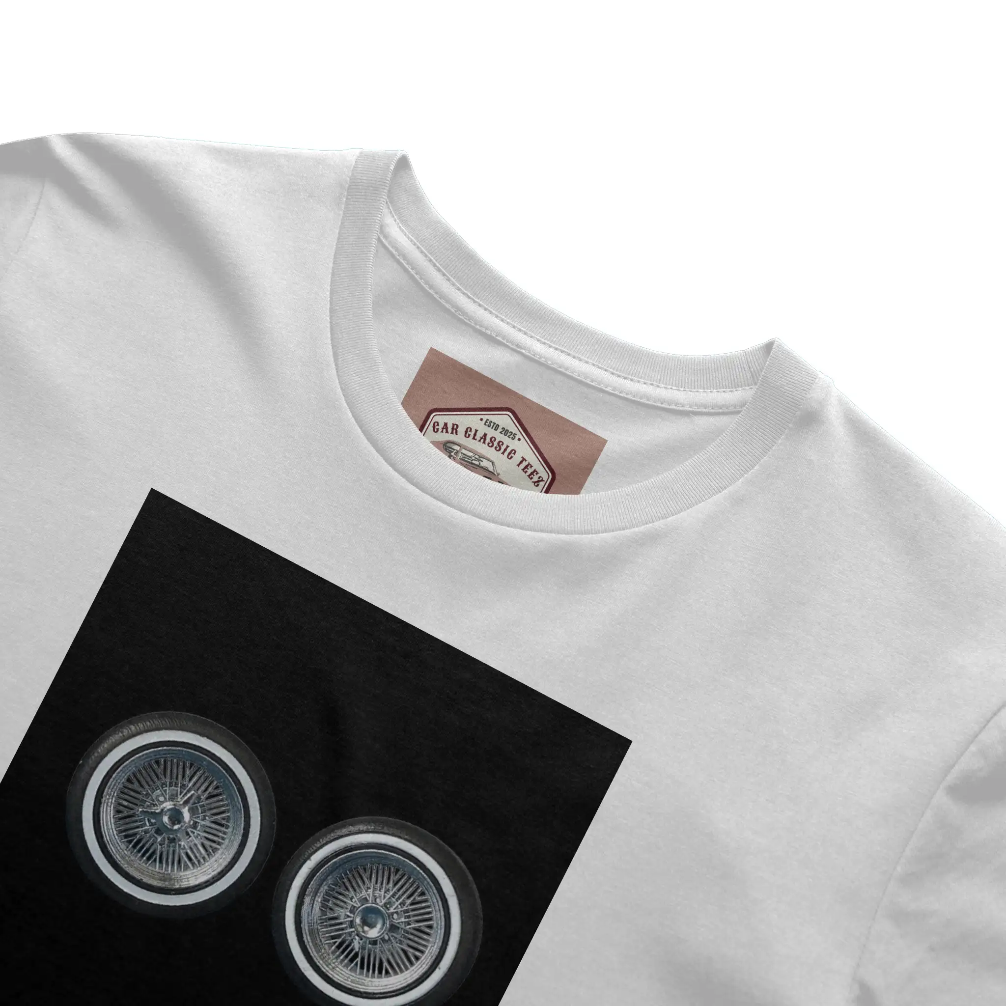 Chrome Lowrider Wire Spoke 14 Inch Tires, White Tee, Black Background