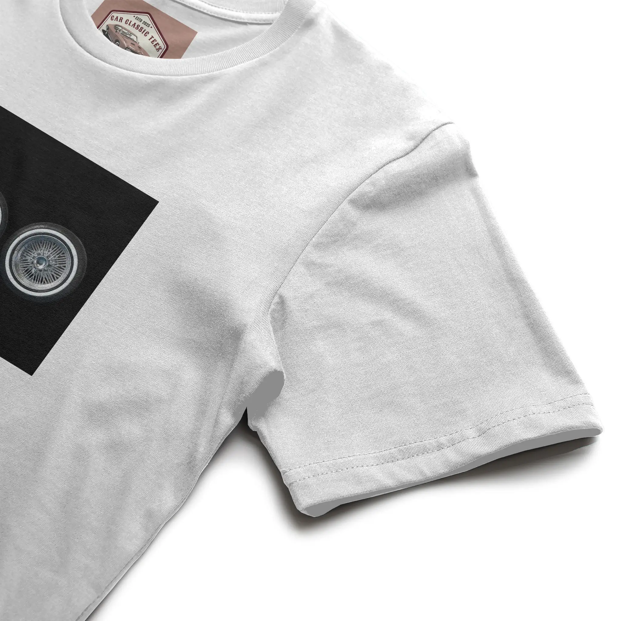 Chrome Lowrider Wire Spoke 14 Inch Tires, White Tee, Black Background