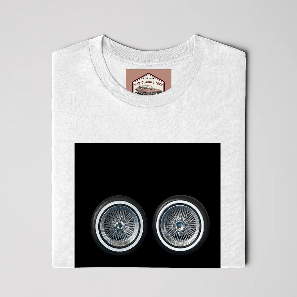 Chrome Lowrider Wire Spoke 14 Inch Tires, White Tee, Black Background