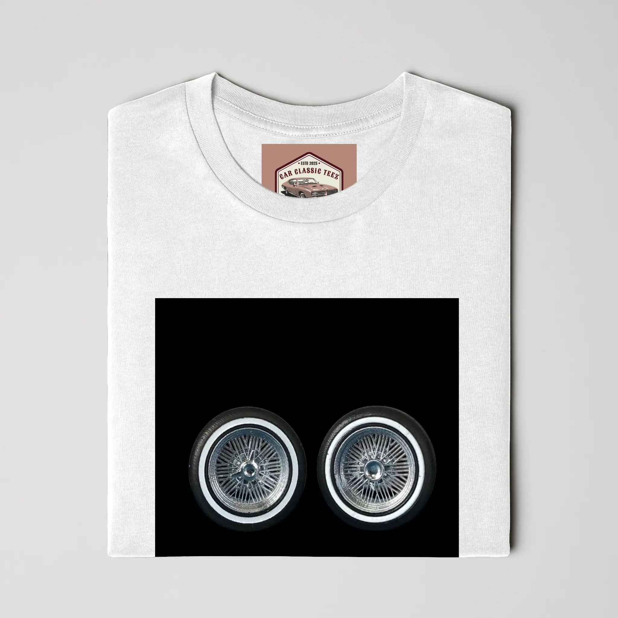 Chrome Lowrider Wire Spoke 14 Inch Tires, White Tee, Black Background