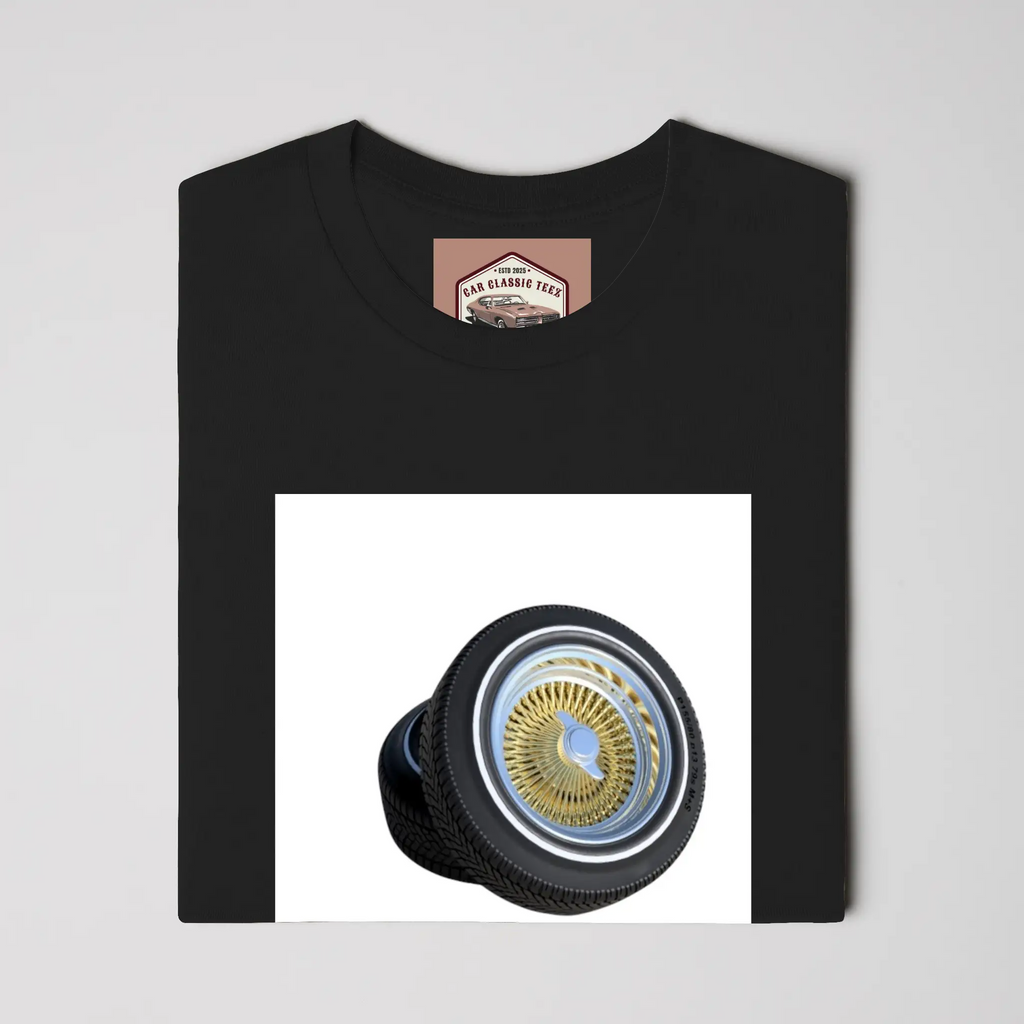 Gold 14 Inch Lowrider Wire Spoke Tires Black Tee, White Background