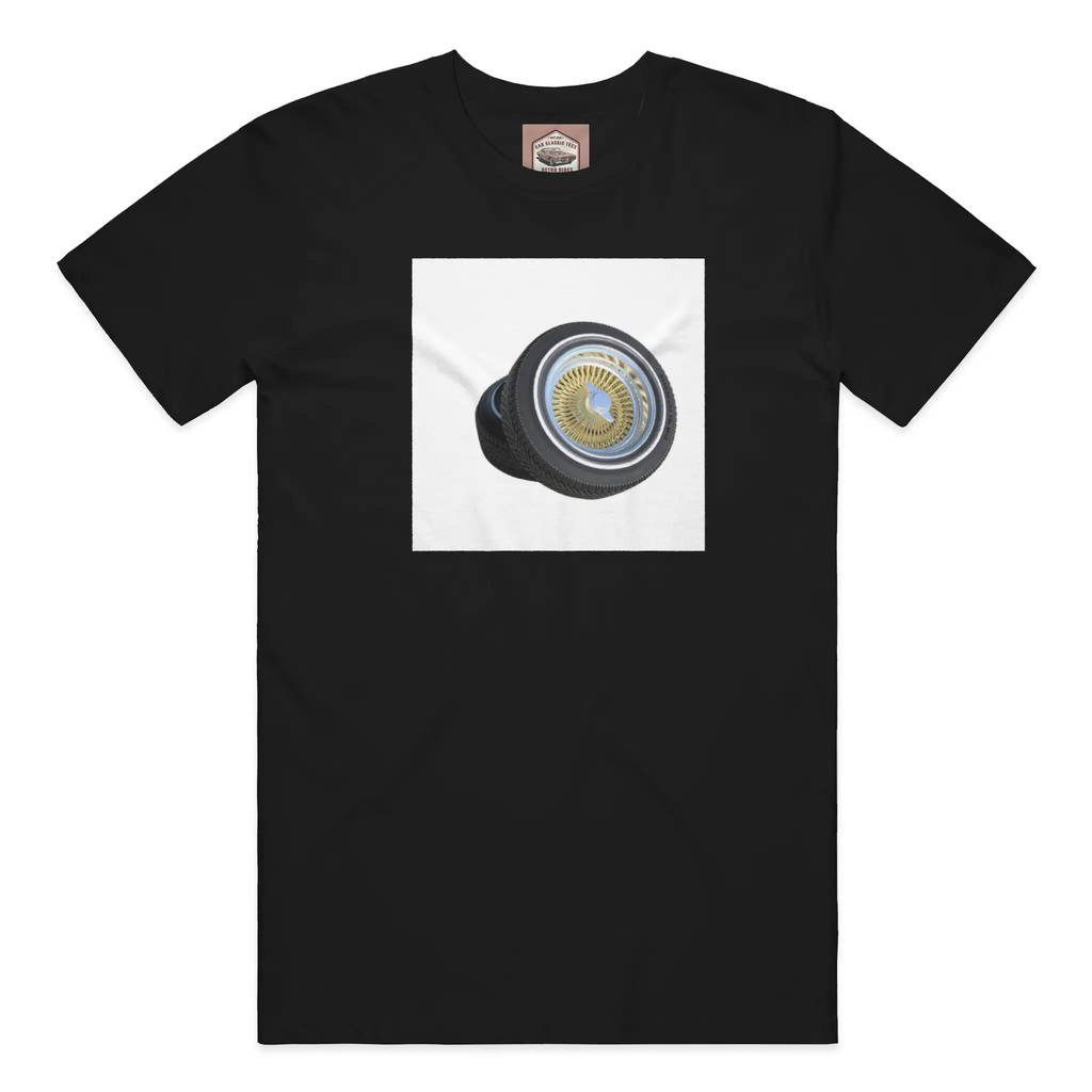 Gold 14 Inch Lowrider Wire Spoke Tires Black Tee, White Background