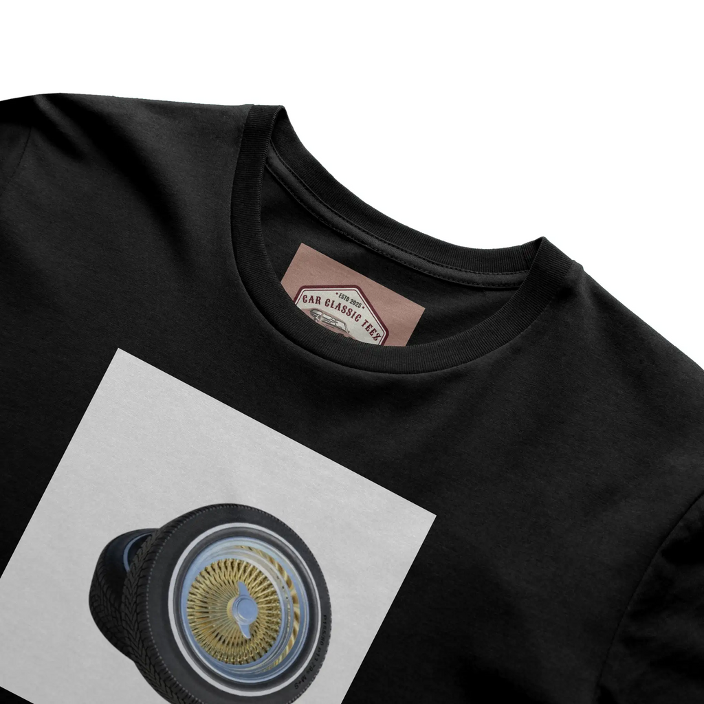 Gold 14 Inch Lowrider Wire Spoke Tires Black Tee, White Background