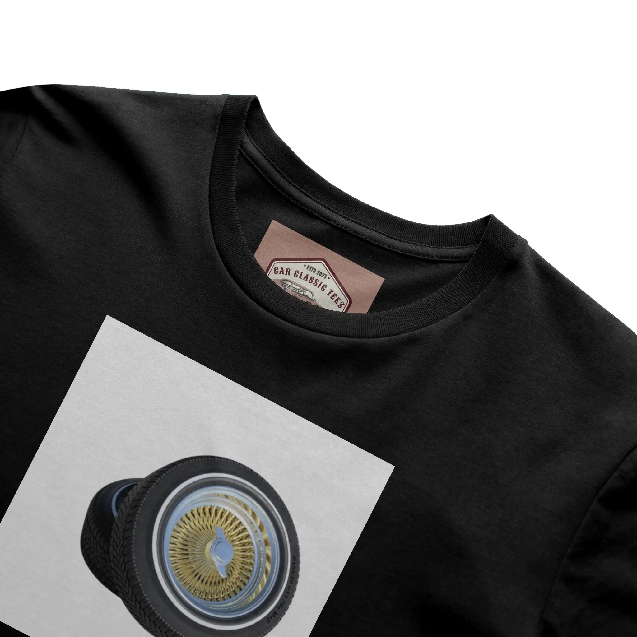 Gold 14 Inch Lowrider Wire Spoke Tires Black Tee, White Background