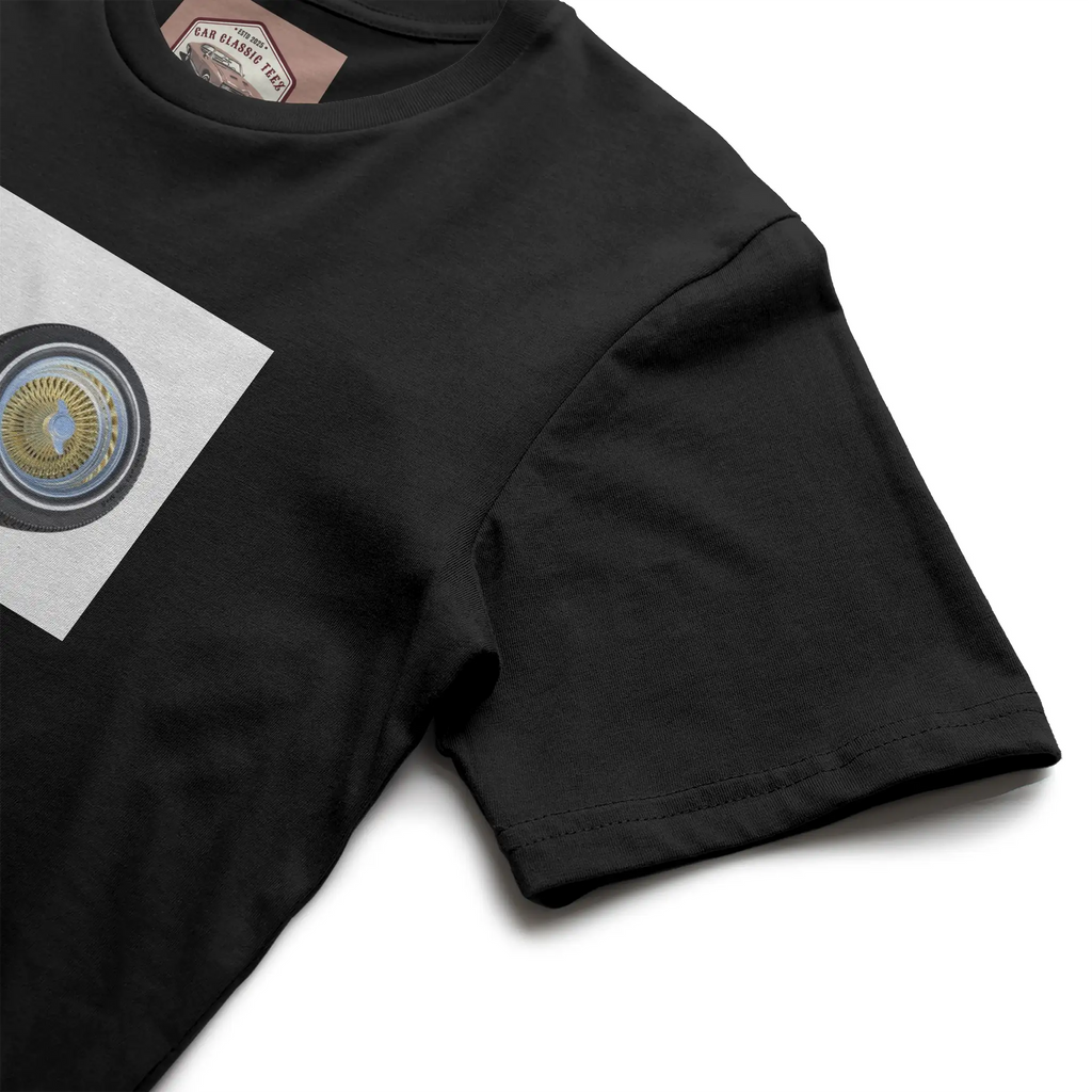 Gold 14 Inch Lowrider Wire Spoke Tires Black Tee, White Background